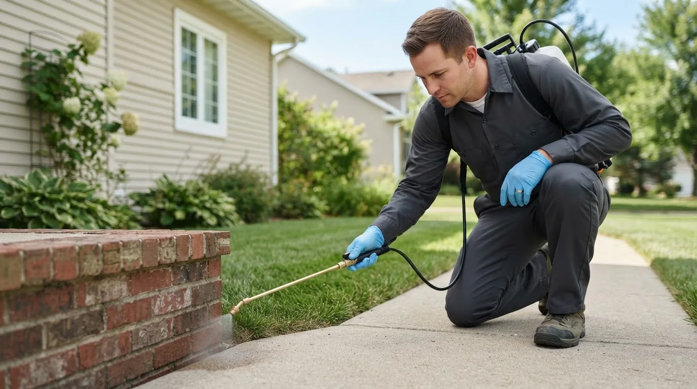 Pest control technician treating a home near Potwin, KS